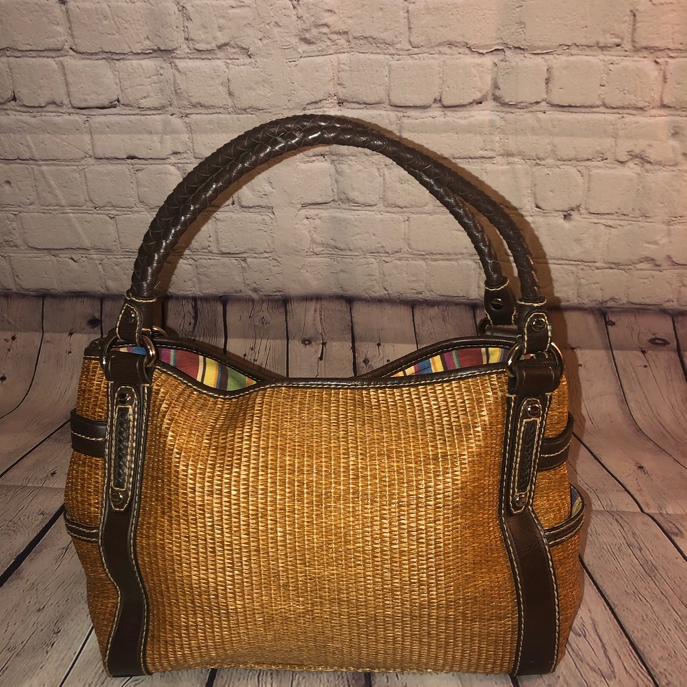 Fossil camel colored straw & brown leather purse